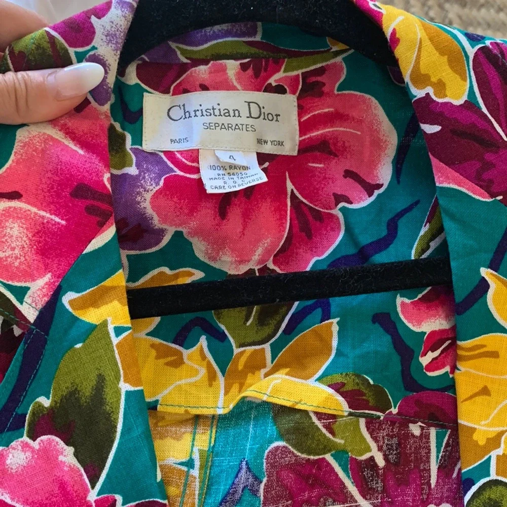 VGT Vintage Christian Dior Turquoise Vibrant Floral Blazer - Size 4